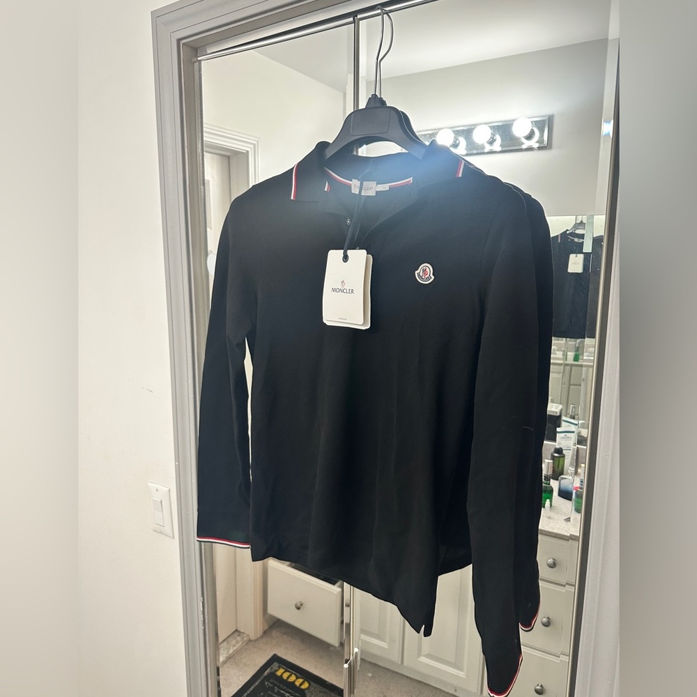 Men’s small Black Moncler long sleeve polo. Amazing condition wore once or twice